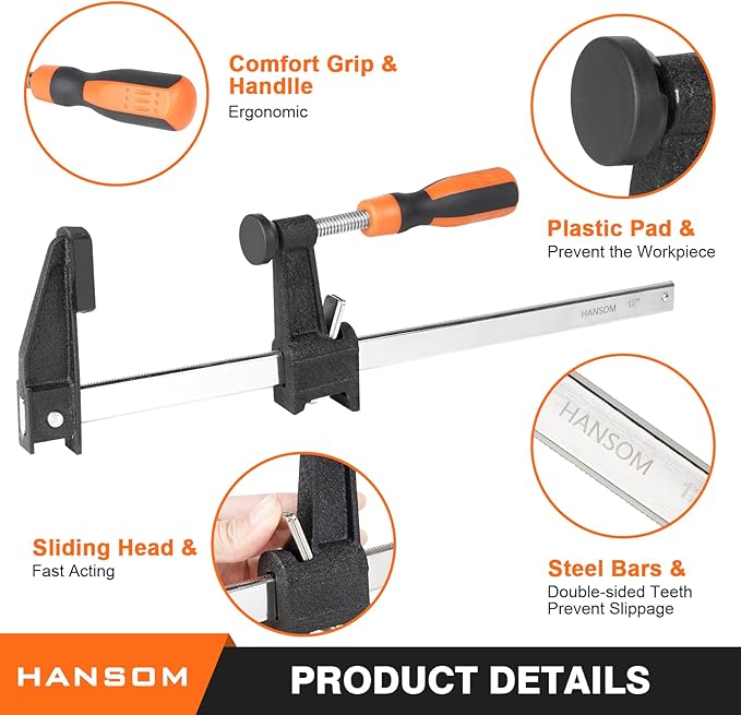 HANSOM 6-Pack 12??4)&6??2) Bar Clamps,Wood Clamps Heavy Duty Force 600 Lbs Adjustable and Release Quickly,Woodworking Clamps Throat Depth 2.5 inch with Plastic Handle