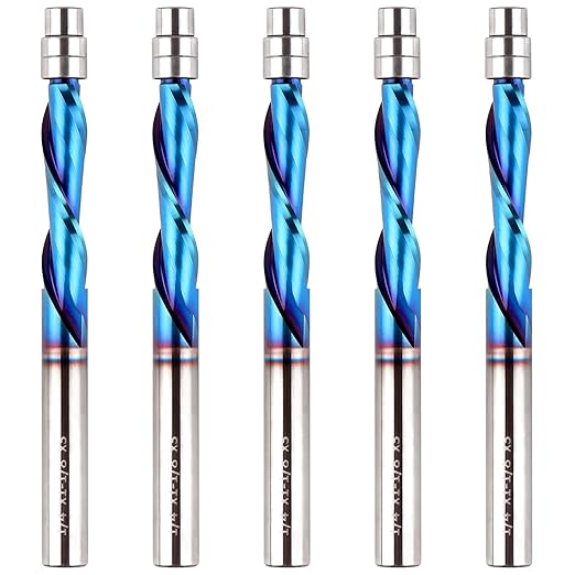 EANOSIC 5PCS Downcut Spiral Flush Trim Router Bit, 1/4 Inch Shank Solid Carbide Flush Trim Router Bits Spiral with Nano Coating(1/4" Shank Down-Cut)