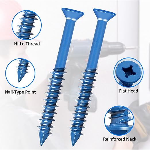 100PCS Concrete Screws Assortment Kit, 1/4" x 2-3/4" Masonry Screws with Drill Bit and Driver Bit, Flat Head Cement Screws and Anchor, Diamond Point, Self Tapping Concrete Brick or Stucco, Blue Coated