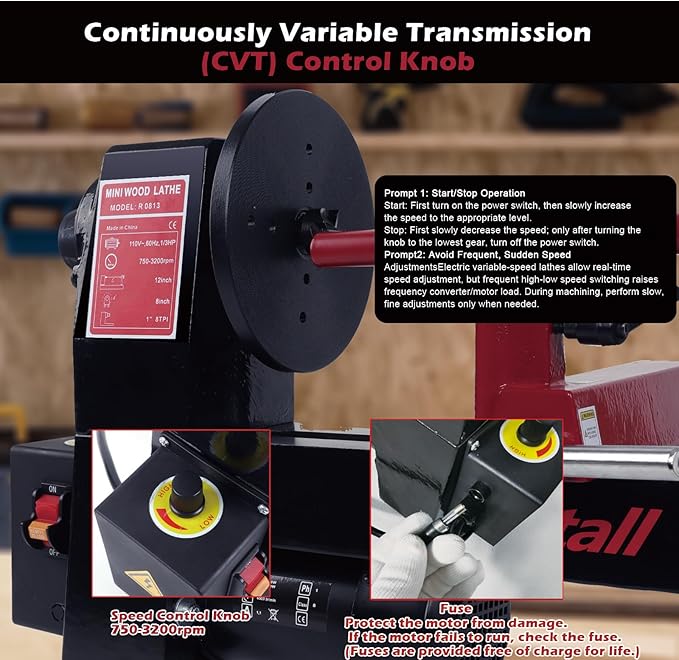 Wood Lathe Machine, 8x 12 inch Benchtop Wood Lathe,1/3 HP Infinitely Variable Speed 750-3200 RPM,for Woodworking, Woodturning