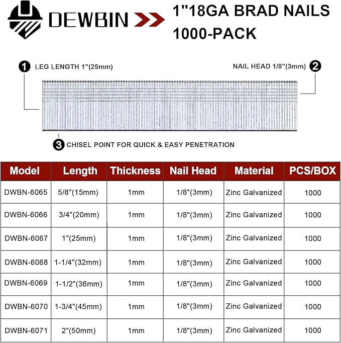 18 Gauge Brad Nails, 1000 Counts 1-inch 18 GA Brad Nails, Galvanized Nails for Nail Gun, Finishing Nail Gun Nails for Pneumatic, Electric Brad Nailer Gun