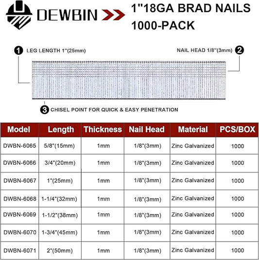 18 Gauge Brad Nails, 1000 Counts 1-inch 18 GA Brad Nails, Galvanized Nails for Nail Gun, Finishing Nail Gun Nails for Pneumatic, Electric Brad Nailer Gun