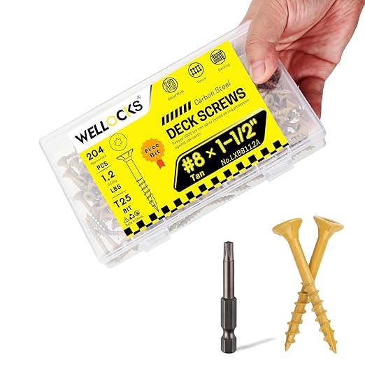 WELLOCKS Deck Screws, Wood Screws, Tan, Superior Rust Resistant, Epoxy Coated, Above 1000 Hour Salt Spray Coating T25 Torx Star Bit Included for Outdoor Wood Fence (1.2LBS Tan, #8횞1-1/2")