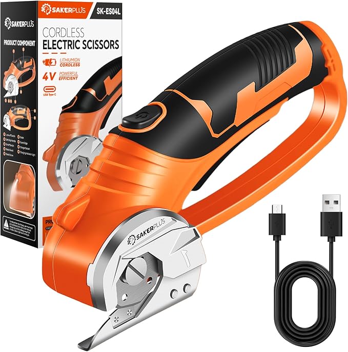 Cordless Electric Scissors, 4V Cardboard Cutter, Box Cutter Fabric Scissor with Safety Lock & LED Light, Rechargeable Power Rotary Cutters for Box Carpet Fabric Plastic Leather