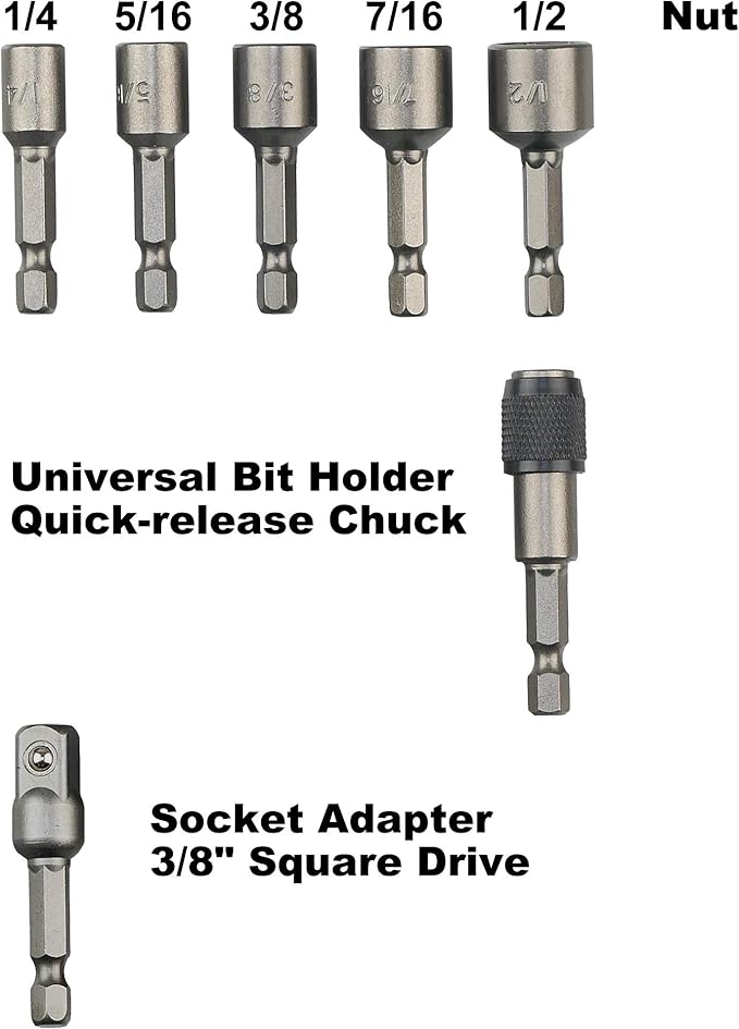 K453 Magnetic Power Nut Driver Bit Set with Socket Adapter and Extension, Quick-Change 1/4-Inch Hex Shank, SAE, 7-Piece