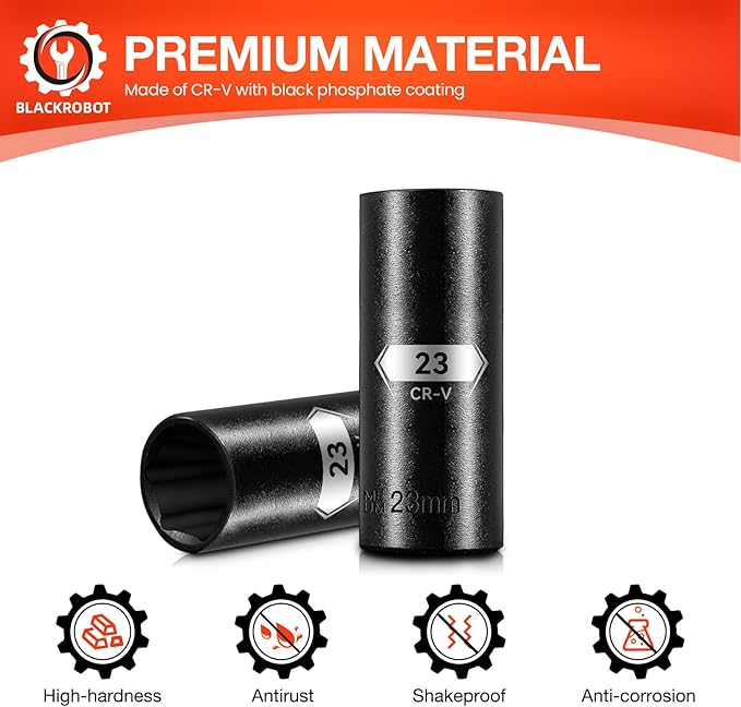 1/2 Inch Drive 6-Point Deep Socket, 23mm Deep Impact Socket, CR-V Steel
