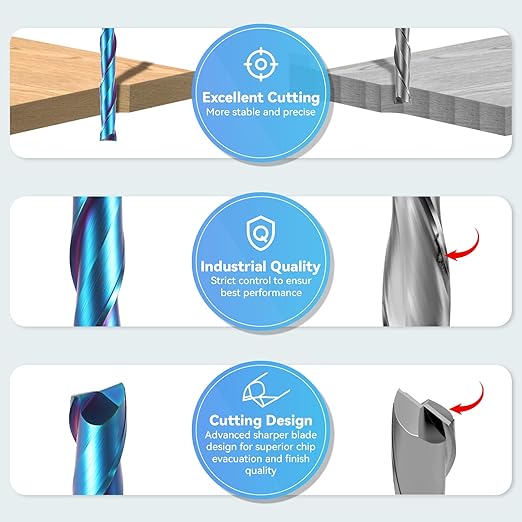 HQMaster Extra Long Spiral Router Bit Upcut 1/4 Inch Shank Solid Carbide CNC Router Bit with Nano Blue Coating CNC Bits End Mill for Woodwork Mortise Slot Trim
