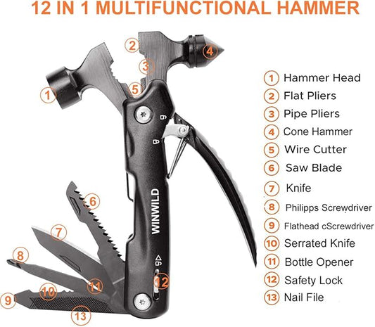 MultiTool Mini Emergency Hammer, Unique Christmas Gifts for Dad Men Women, Cool Stocking stuffers for Camping Hiking Household