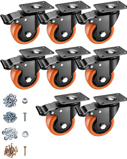 Casters, 3" Caster Wheels竊똂asters Set of 8 Heavy Duty - ASRINIEY Orange Polyurethane Castors, Top Plate Swivel Wheels, 8-Pack Industrial Casters with Brake, Locking Casters for Furniture and Workbench