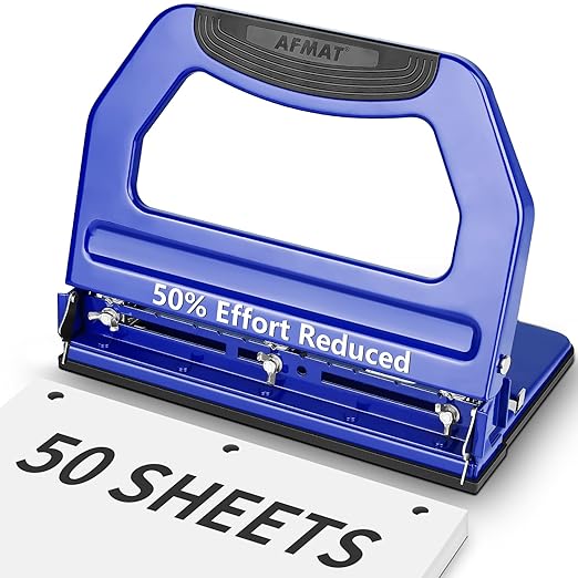 AFMAT 3 Hole Punch Heavy Duty, 9/32" Holes, 50-Sheet Hole Puncher 3 Ring, 50% Reduced Effort, Adjustable Two & Three Hole Punch, Metal Paper Puncher w/Large Chip Tray, Metal Paper Guide, Blue, HP18