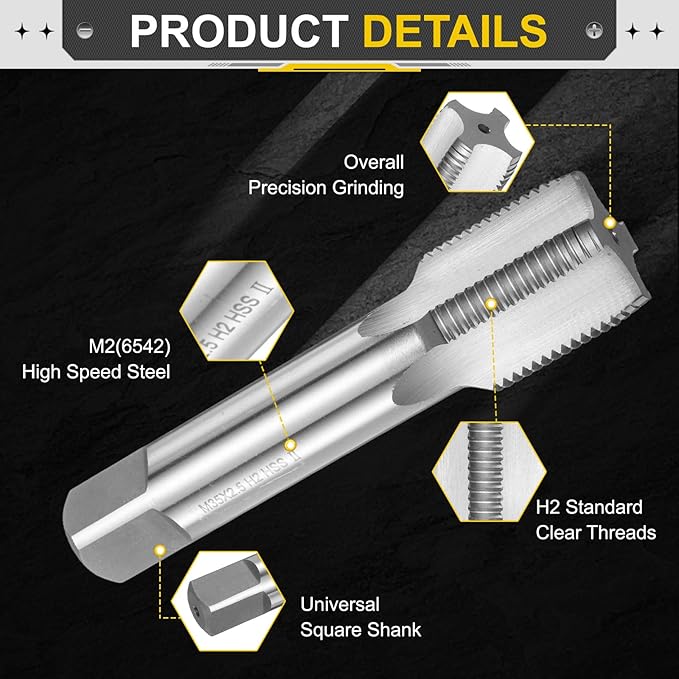 uxcell Hand Plug Tap M35 x 2 H2 Metric Thread Plug Style Taps Straight Flute Screw Tapping Threading Tool High Speed Steel HSS6542