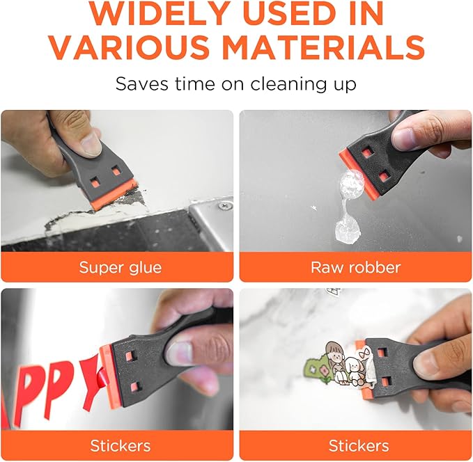 Plastic Razor Blades Scraper Tool - 2 Pack Wall Paint Remover with 100 PCS Blades Kit No Scratch Car Window Glass Wood Sticker Removal Floor Stove Kitchen Vinyl Adhesive Decal Tape Cleaning