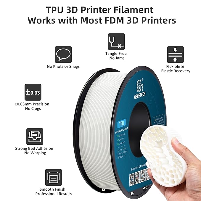 Geeetech TPU Filament 1.75mm, Shore 95A ??Flexible 3D Printer Filament with High Elasticity, 1KG (2.2lbs) Spool, Dimensional Accuracy 짹0.03mm, Fits Most FDM Printers (White)