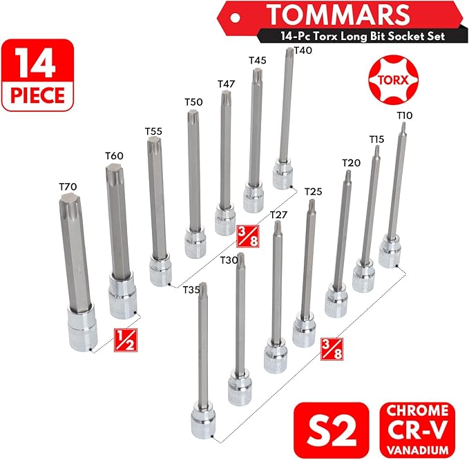 TOMMARS 14-PC Long Torx Bit Socket Set, S2 Alloy Steel Star Socket Set T10-T70
