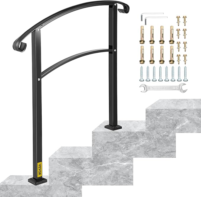 VEVOR Outdoor Steps Handrail, Black Arch#1, Adjustable Metal Staircase Railing, Thickened Porch & Deck Railing