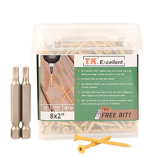 T.K.Excellent Deck Screws 2 Inch Wood Screws #8 x 2, 630 Pcs, Rust Resistant Structural Screw Fence Screw Torx Drive Screws, Two T20 Bits, Brilliant Yellow Ruspert Coating Rust Proof