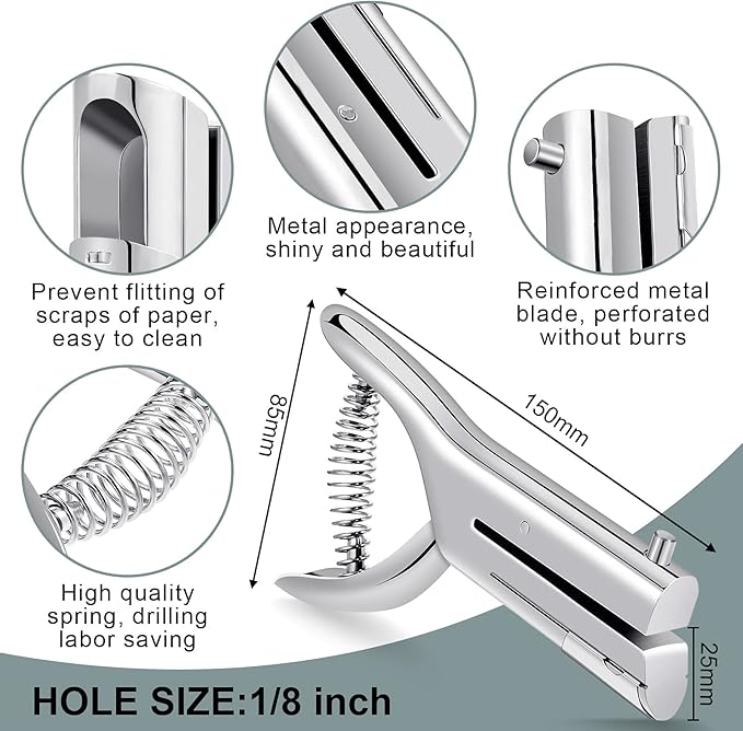 Chumia 1 Pcs Heavy Duty Hole Punch 2" Long Reach 1/8 Inch Paper Single One Hole Puncher Deep Throat Reduced Effort Hand Held Alloy Punch for ID PVC Cards 5 Inch Tall 25 Sheet Capacity