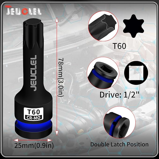 T60 Torx Bit Socket, 1/2" Drive Torx Star 6 Point Impact Bit Socket, 3-Inch, Cr-Mo Steel, Screwdriver Adapter for Electric Ratchet Wrenches Fastening Screws Hand Repair