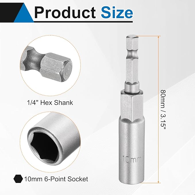 HARFINGTON 5pcs Nut Driver Drill Bit 10mm Metric Socket 1/4" Hex Shank 3.15" (80mm) Long 6-Point Sockets Quick Change CR-V Steel Bolt Setters for Power Drill Drivers