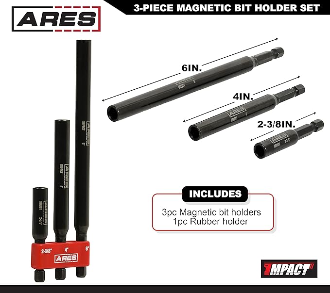 ARES 22030 ??3-Piece Magnetic Bit Holder Set ??1/4-Inch Hex Shank for Use with Power Drills and Drivers ??Magnet Securely Holds Bits in Place ??Includes 2.5-Inch, 4-Inch, and 6-Inch Lengths