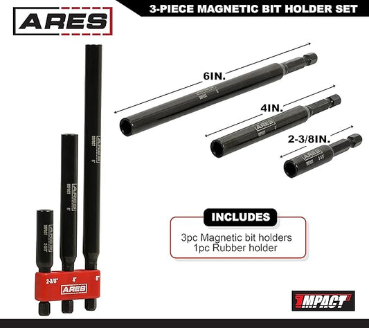 ARES 22030 ??3-Piece Magnetic Bit Holder Set ??1/4-Inch Hex Shank for Use with Power Drills and Drivers ??Magnet Securely Holds Bits in Place ??Includes 2.5-Inch, 4-Inch, and 6-Inch Lengths