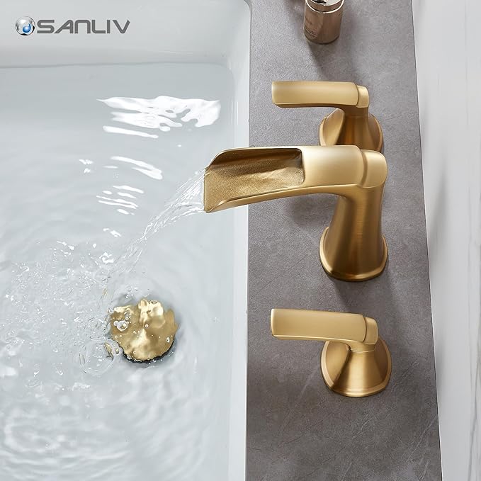 Brushed Gold Waterfall Bathroom Faucet, Sanliv 3-Piece Widespread Bathroom Sink Faucets, 2-Handle Vanity Faucet for 3-Hole Sinks 4-8 Inch with Pop-Up Drain, Brushed Gold