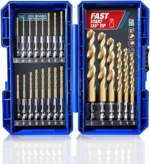 HIGHFIRE 22 Pieces Hex Shank Drill Bit Set for Impact Driver, HSS Twist Titanium Drill Bits for Metal, Hex Drive Quick Change Drill Bits Set
