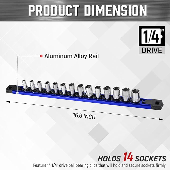 ALOANES 1/4-Inch Drive Magnetic Socket Organizer, Heavy Duty Aluminum Socket Rail Organizer, 360째 Swivel Clips Socket Rail Set For Sockets Storage, 1/4-Inch Socket Holder x 14 Clips (Blue)