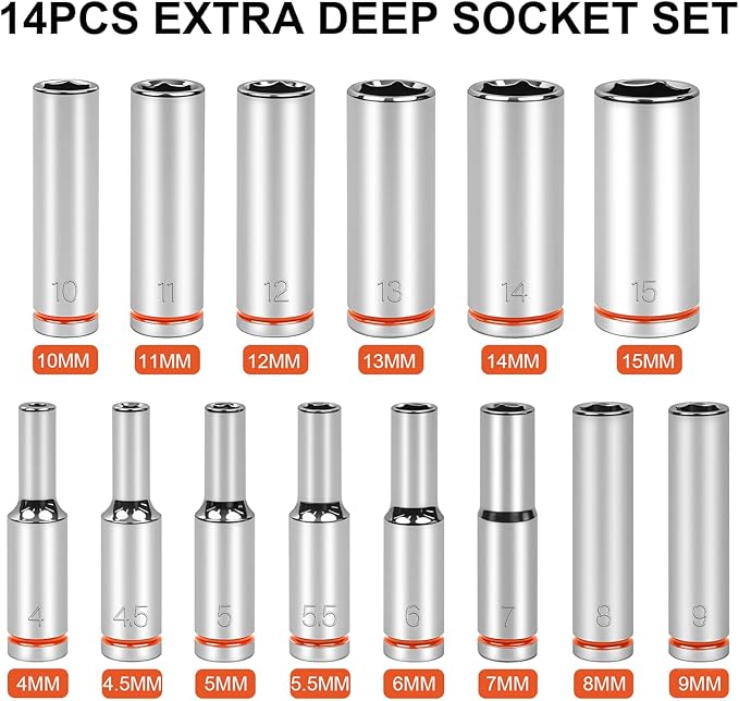 1/4" Drive Metric Master Socket Set, 14-Piece Deep Hex Socket Set (4mm-15mm), Cover Most Commonly Sizes, 6 Point, Chrome Vanadium Steel with Molded Case