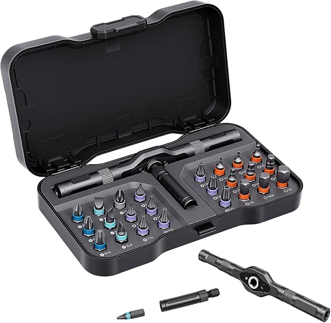 24-in-1 Magnetic Ratchet Multi-Bit Screwdriver Set with S2 Steel Bits, 6.2째 Fine Ratchet Gear, Extended Lever Handle & Detachable Grip, Compact Tool Kit for Home Appliances, Small Furniture & Home DIY