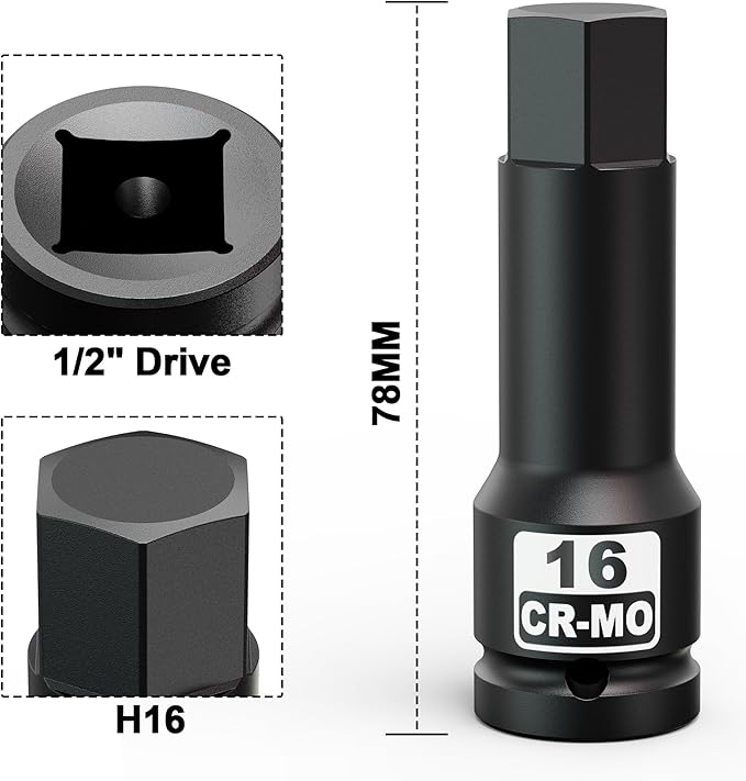 1/2" Drive 16 mm Hex Impact Bit Socket, H16 Allen Bit Socket, Metric, Cr-Mo Steel, Automotive Repair Industrial Maintenance and DIY Enthusiasts Alike