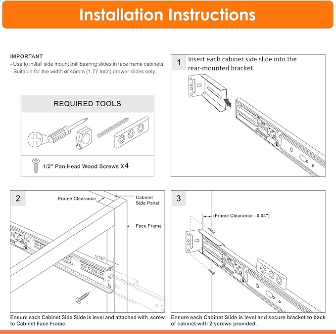 5 Pairs | Rear Mounting Brackets for Face Frame Cabinets - Compatible with HBL' 1.77 Inch (45mm) Width Drawer Slides, 0 to 3.5 Inch Adjustable.
