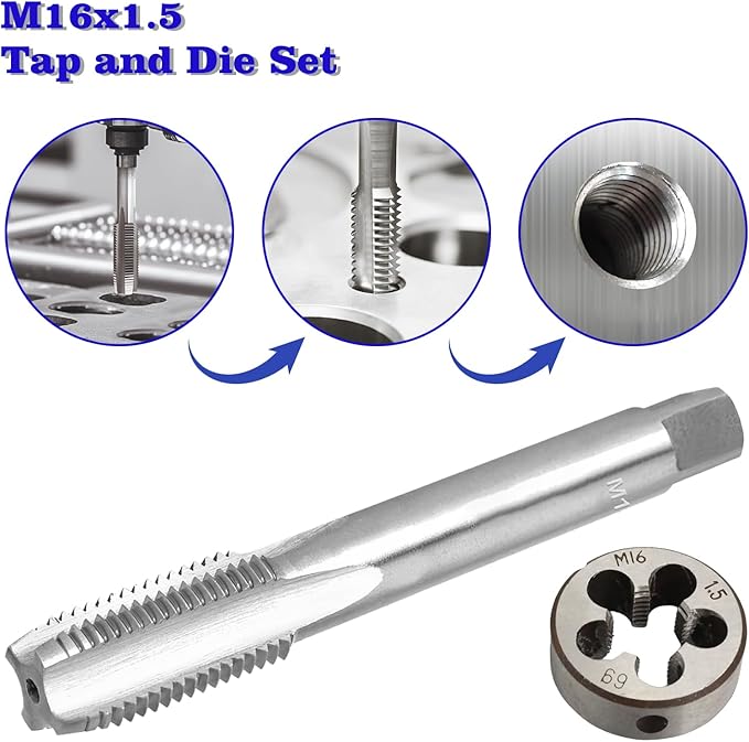 M16 x 1.5 Metric Thread Tap and Die Set, M16 x 1.5mm High-Speed Steel Machine Tap and Die Set, Right Hand Thread Tap and Round Thread Die