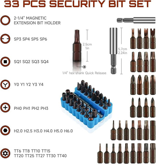 33 PCS Multi Head Impact Screwdriver Bits Set with Tamper Proof Bits PH/SQ/Tri-Wing/Hex/Security Torx/SP S2 Alloy Steel CNC machined with Blue Soft Base(25MM)
