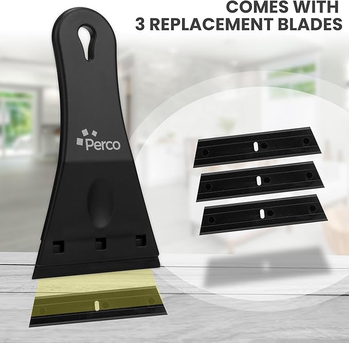 Perco 3-Inch Plastic Scraper with 3 Extra Blades for Quick and Effective Adhesive Removal - Safe on Most Surfaces with User-Friendly and Anti-Slip Handle