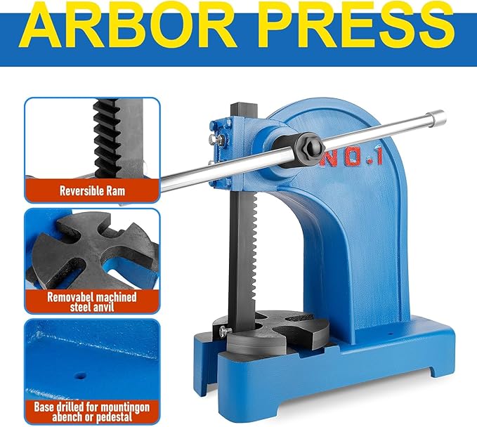 Heavy Duty 1 Ton Arbor Press, Manual Arbor Press, 5.5" Maximum Height, Cast Iron Desktop Press for Bending, Stamping, Forming, Stretching (1 Ton Bule)
