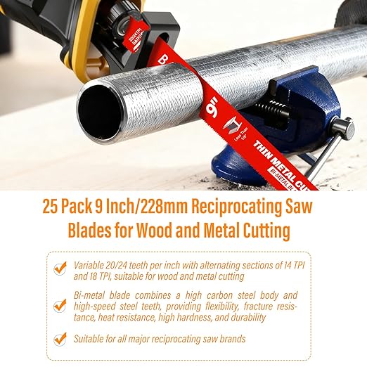 25 Pack 9 Inch 20/24 Tpi Reciprocating Saw Blades for Thin Metal and Extreme Metal Cutting, Bi-Metal Sawzall Blades with 8% Cobalt for Longer Life and Faster Cutting Speed