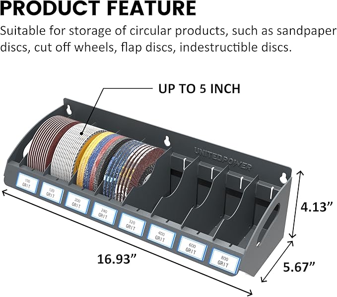 UNITEDPOWER Sanding Discs Holder, 8 Slots Wall Mount Metal Sandpaper Storage Rack for Workshop, Shed, Garage Classified Organization, Fit Most of Sandpaper