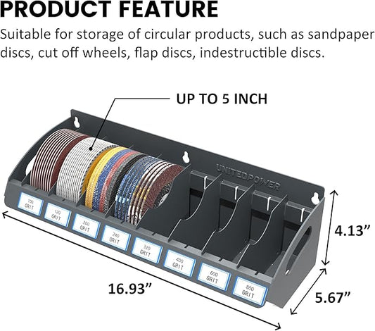 UNITEDPOWER Sanding Discs Holder, 8 Slots Wall Mount Metal Sandpaper Storage Rack for Workshop, Shed, Garage Classified Organization, Fit Most of Sandpaper