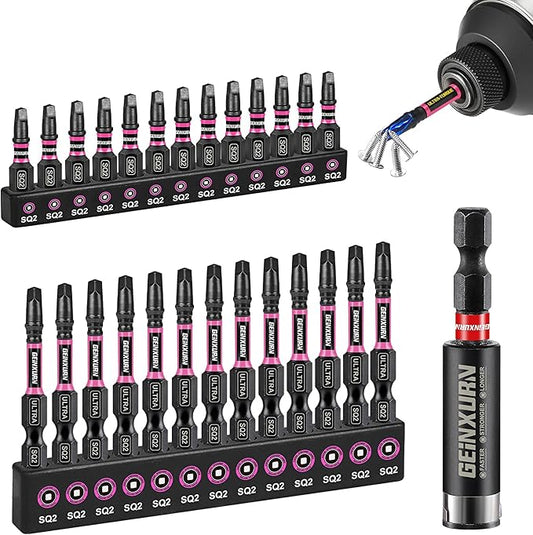 Impact #2 Square Screwdriver Bits Set, 26pcs 1??2??SQ2 Magnetic S2 Steel Driver Bits Set and 1pc Impact Bit Holder with Color Coded Base