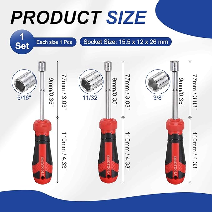 HARFINGTON 3 Pcs SAE Nut Driver 5/16" / 11/32" / 3/8" CR-V Non-Magnetic Tip Hollow Shafts Hex Socket Screwdriver with Anti-Slip Handle for Automobile Repair Bit Driver
