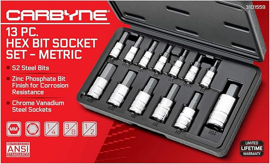 CARBYNE 13-Piece Metric Hex (Allen) Bit Socket Set. Includes 2mm - 14mm. S2 Steel Bits, Cr-V Sockets, Durable Case ??From a Family-Run Tool Company Based in the U.S.A.