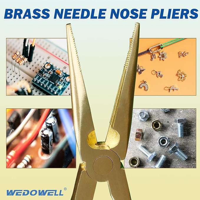 WEDOWELL 8" Needle Nose Pliers,Paper Clamp Precision,Soft Grip with Wire Cutter,Brass Long Nose Cutting Pliers for Home, Fishing, Jewelry, Crafts,Length 200mm