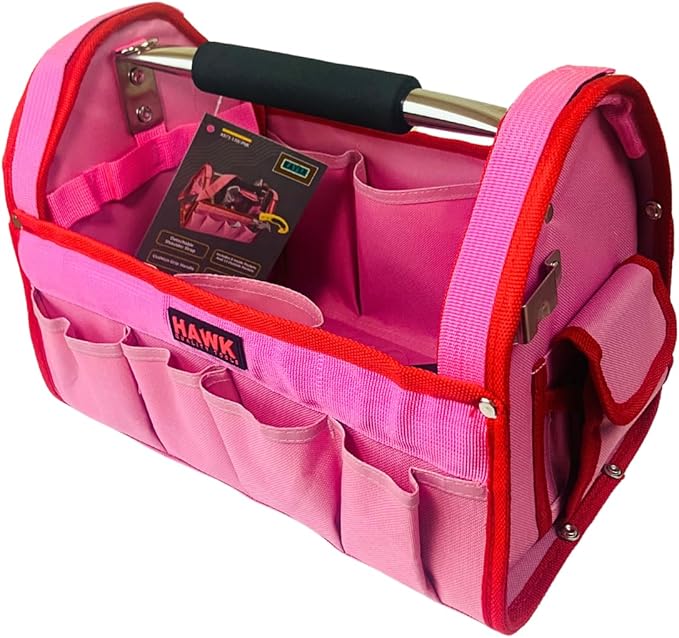 RAVEN 12.5" Pink Tool Carry-All Tool Bag | Premium Canvas with Multi-Pockets | Metal Handle & Rubber Feet | 12.5" x 9.5" x 8" | Best for Tools, Crafts & Supplies