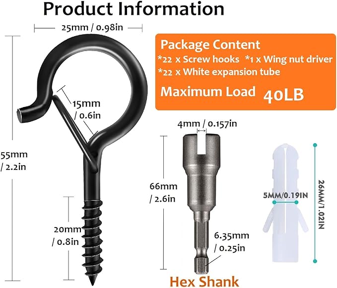 36 Pack Screw Hooks for Hanging Outdoor String Lights, Heavy Duty 2.2 Inch Black Q-Hanger with Safety Buckle Hanging Christmas Lights, Plants, with 1 Wing Nut Driver