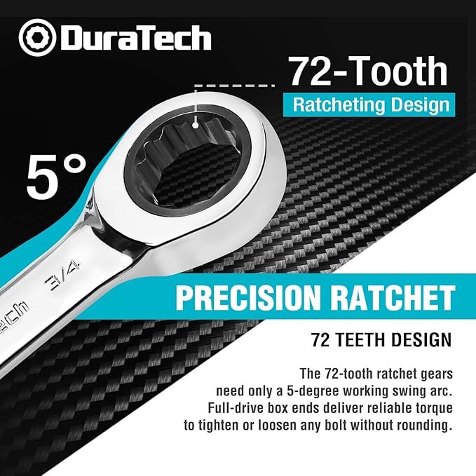 DURATECH Stubby Ratcheting Combination Wrench Set, SAE, 8-Piece, 5/16'' to 3/4'', CR-V Steel, with Rolling Pouch