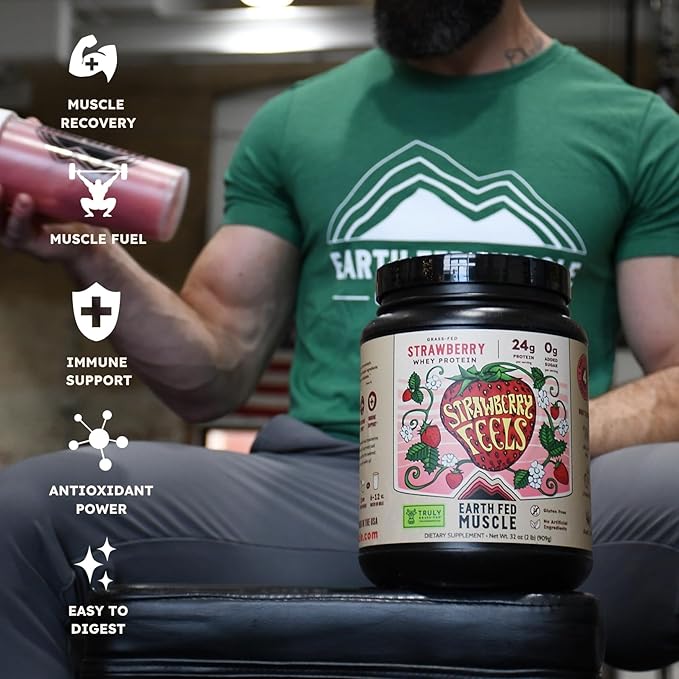 Earth Fed Muscle Strawberry?츴eels??Forever) ??Irish Truly Grass?멑ed Whey Protein Isolate, No Sugar, Soy?멑ree, Gluten?멑ree (2 lb, 29 Servings, Strawberry)