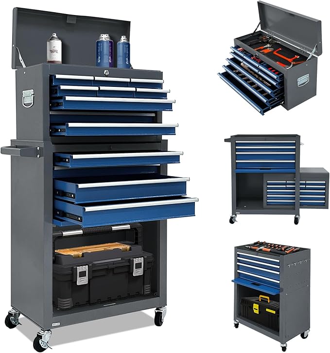 13-Drawer Tool Chest with Tool box and wheels, Large Detachable Toolbox with Sliding Drawers, Mechanic Tool Box Storage Cabinets, Metal Tool Cart for Garage Workshop (BLUE＆GREY)