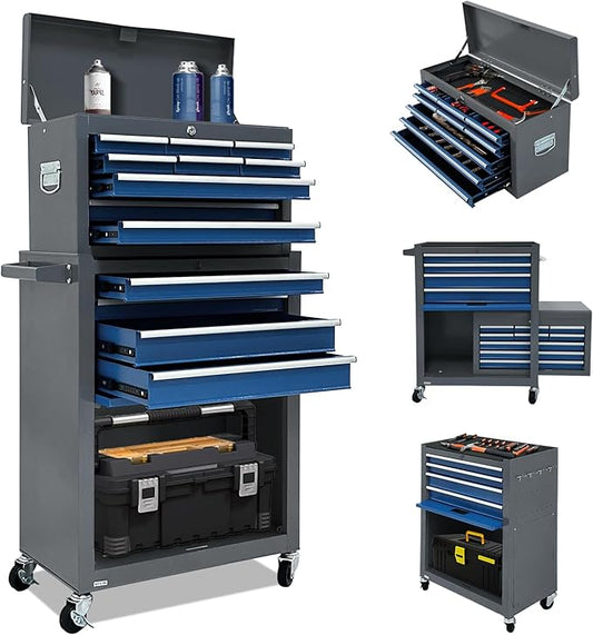 13-Drawer Tool Chest with Tool box and wheels, Large Detachable Toolbox with Sliding Drawers, Mechanic Tool Box Storage Cabinets, Metal Tool Cart for Garage Workshop (BLUE＆GREY)