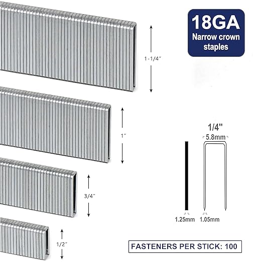 HW HAMWOO 18 Gauge 1/4" Narrow Crown Staples (1/2",3/4",1",1-1/4"),18GA Nail Gun Nails Assorted, Suitable for Most Brand of 18 Gauge Pneumatic and Electric Stapler Nailer (4000-Pack)